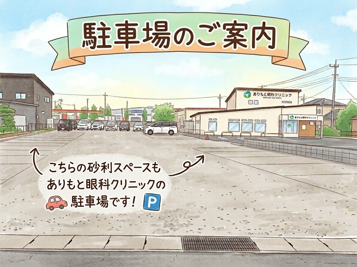 ありもと眼科クリニックの駐車場のご案内。クリニックの建物の手前に広がる砂利スペースを矢印で示し、「こちらの砂利スペースもありもと眼科クリニックの駐車場です」と書かれたイラスト。
